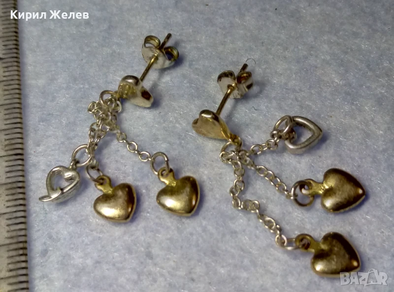 ПРЕКРАСНИ НЕЖНИ ПОСРЕБРЕНИ ОБЕЦИ СЪРЧИЦА от БЛАГОРОДНА СТОМАНА с ЖЪЛТА ПОЗЛАТА и ПЕЧАТИ 925 49443, снимка 1