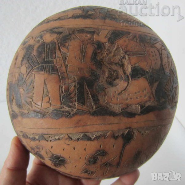 СТАРА Копанка купа с украса и резба, Примитив  и дървена барутница, снимка 1