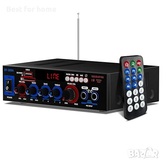 Мини Bluetooth 5.0 усилвател, HiFi стерео с миксер с USB/SD карта/вход за микрофон/FM , снимка 1