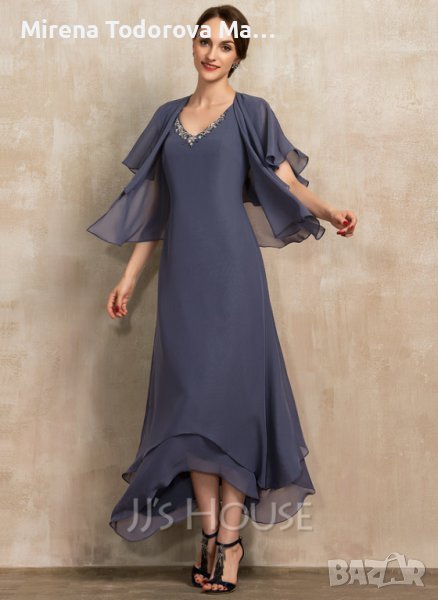 Абитуриентскa роклa. Коктейлна рокля от шифон с V-образно деколте с дължина до глезена и с мъниста. , снимка 1