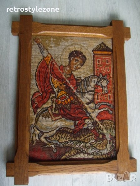 № 6978 стар гоблен "Свети Георги Победоносец"   - с дървена рамка  - размери - с рамка 53 / 40 см , , снимка 1