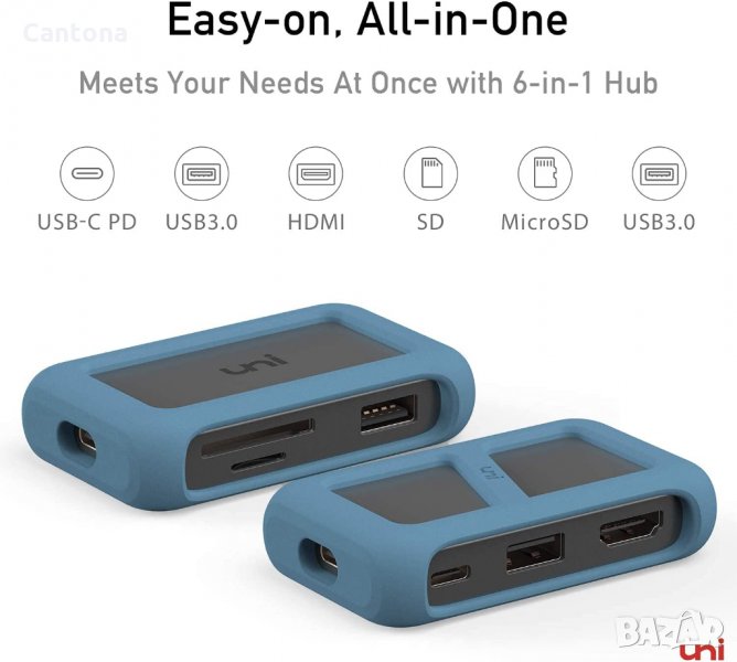 uNI USB-C 6-в-1 хъб  4K HDMI,2xUSB 3.0, SD/TF четец на карти, PD 100 W, снимка 1