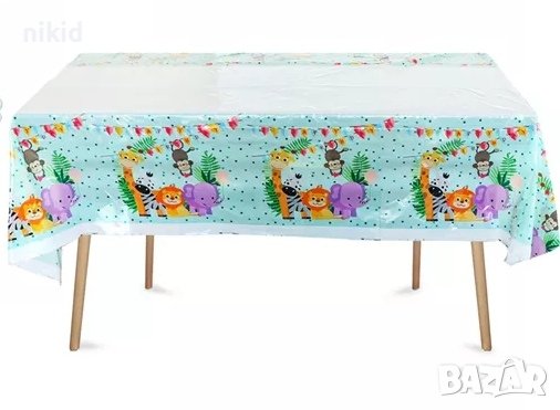 Сафари Джунгла Зоо Диви Животни синя найлонова покривка за парти рожден ден, снимка 1