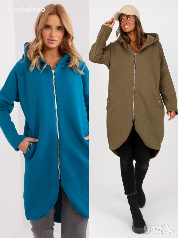 Дълъг дамски преходен суичър с качулка и цип Tina, 2цвята , снимка 1