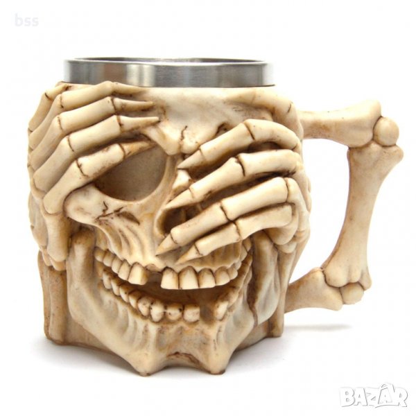 Код 95617 Стилна чаша от полирезин и метал - релефен череп "ни видял", снимка 1