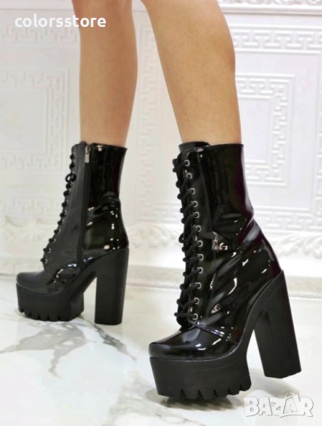 Боти на ток - черен лак с черно ходило - 592, снимка 1