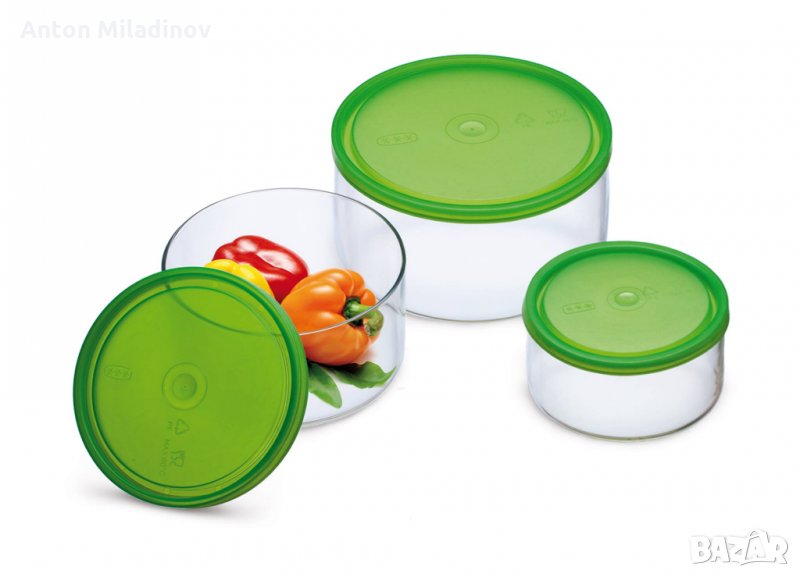 Комплект - 3 бр. огнеупорни съдове за фризер със зелени пластмасови капаци SIMAX, снимка 1