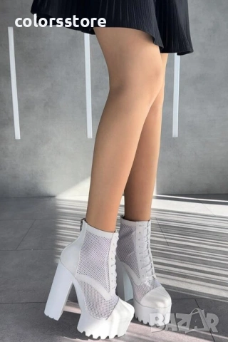 Летни боти на ток - бяла кожа с мрежа - 74-2 