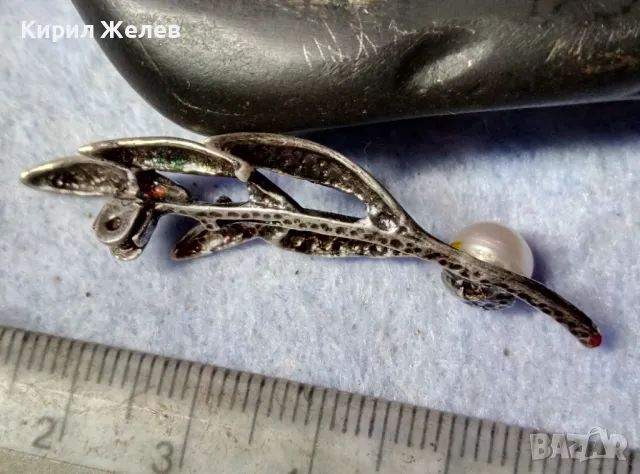 Старинна ФЛОРАЛНА ПЕРЛЕНА СРЕБЪРНА БРОШКА ЛАКИРАНО СРЕБРО ВИСОКА ПРОБА с ЕСТЕСТВЕНА БЯЛА ПЕРЛА 48255, снимка 4 - Антикварни и старинни предмети - 48901232