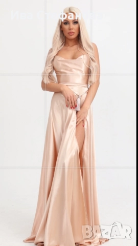 Нова дълга официална парти коктейлна екрю бежова рокля сатен сатенена дизайнер Дидо Георгиев 