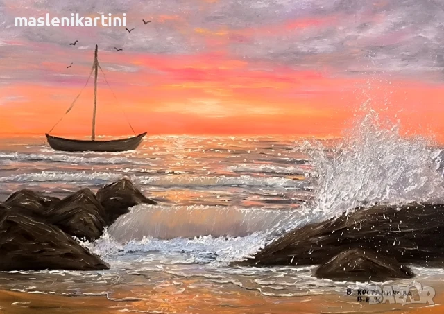 Морски залез и лодка маслена картина 