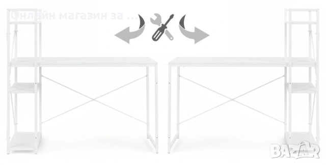 Компютърно бюро ModernHome, дървено, с рафтове за съхранение, бял, подсилена метална конструкция, снимка 8 - Бюра - 53381009