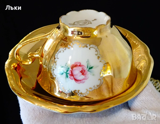 Чаша с чиния баварски порцелан,чисто злато,роза,барок. , снимка 2 - Антикварни и старинни предмети - 52056295