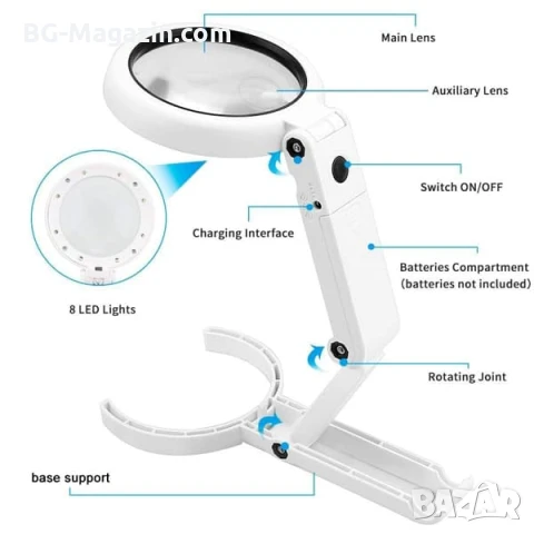 Мощна увеличителна ръчна и настолна лупа с LED осветление лампа стъклена за четене деца насекоми, снимка 6 - Други инструменти - 50920091
