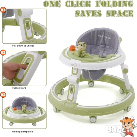 Регулируема бебешка проходилка 3в1, сгъваема, ергономична, зелена, снимка 4 - Проходилки - 52571816