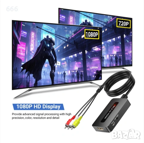 RCA към HDMI конвертор, 720P/1080P, комплект с RCA и HDMI кабели, 920x40x14 мм, черен, снимка 4 - Друга електроника - 53295545