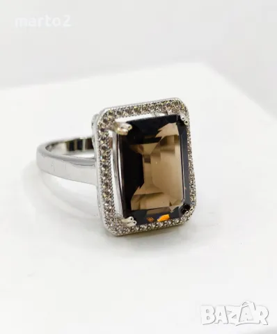 Красив сребърен 925 Пръстен с Натурален Раух Топаз (Опушен Кварц) и Циркони!, снимка 6 - Пръстени - 42062811