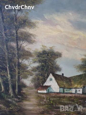 127х97см Quidousse/картина масло върху платно/пейзаж/къща-път-гора-езеро/масивна дървена рамка, снимка 3 - Картини - 50703341