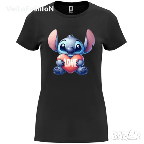 Нова дамска тениска с героя Стич със Сърце - Love в черен цвят, снимка 1