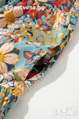 Дамска къса рокля с флорален принт, V-образно деколте и плетени детайли, снимка 15 - Рокли - 53081867