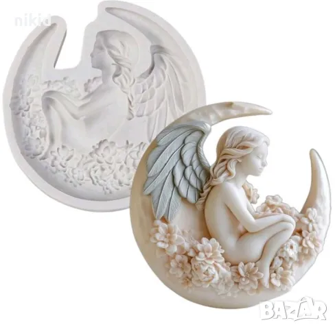 Ангел фея момиче на луна с цветя силиконов молд форма фондан шоколад декор