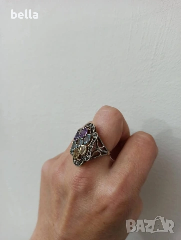 Уникат-Златен дамски пръстен-диаманти,цитрин аквамарин и аметист, снимка 7 - Антикварни и старинни предмети - 53522987