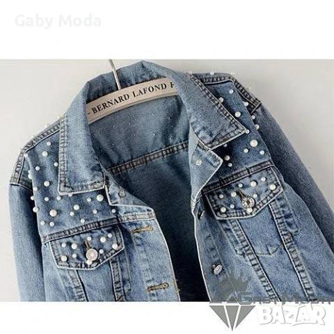 Дънково дамско яке с перли, снимка 3 - Якета - 51039534