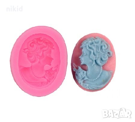 Дама с колие жена анфас малък овал силиконов молд форма декор украса сладки фондан мъфини и шоколад