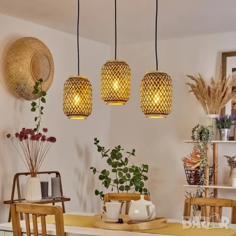 Полилей Лампа VENUS ратанова с три глави винтидж 50 см черна основа, снимка 7 - Лампи за таван - 51423444