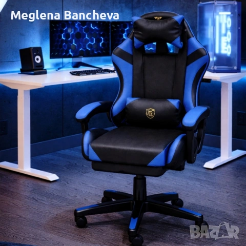 Ергономичен геймърски стол с масажна функция и поставка за крака – черно-син, снимка 4 - Столове - 53504926