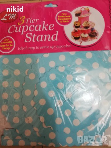3 етажна Триетажна поставка стойка за мъфини картонена синя на бели точки кексчета, снимка 5 - Други - 22500135