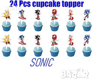 24 бр Соник Sonic  къси остри картонени топери за торта мъфини кексчета парти рожден