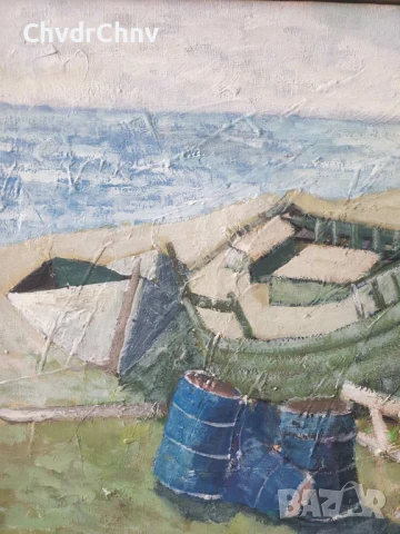 69х58см/стара картина масло върху платно/морски пейзаж/рибарски лодки/1972/дървена рамка, снимка 3 - Картини - 51218251