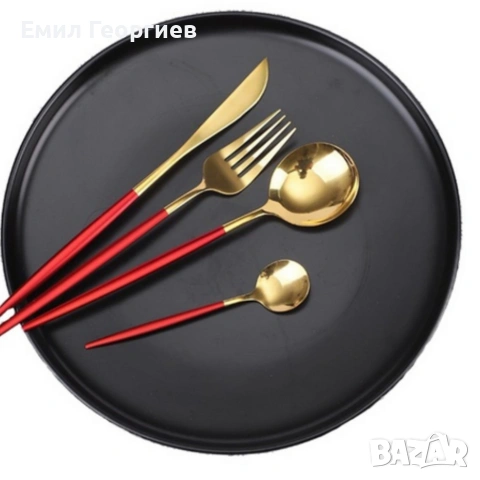 Комплект прибори за хранене от 24 части с луксозен дизайн и магнитна кутия златисто с червено KN2, снимка 6 - Прибори за хранене, готвене и сервиране - 53202581