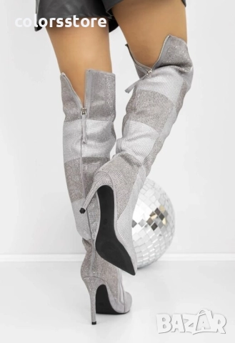 Ботуши на ток - сребристи с камъчета - 3JF12 , снимка 2 - Дамски ботуши - 52522740