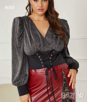 Официална блуза голям размер, Блестяща блуза голям размер, Секси сребриста блуза, снимка 4 - Блузи с дълъг ръкав и пуловери - 43400216