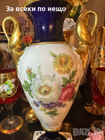 A. K. “Kaiser" Germany  "Echt Scharffeuer Kobalt" “Изящната ваза” дръжки от злато Код P1853, снимка 11 - Вази - 53278615