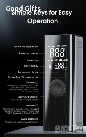 Въздушен компресор за гуми с LED лампа за кола, мотоциклет Велосипед, снимка 4 - Аксесоари и консумативи - 43016505