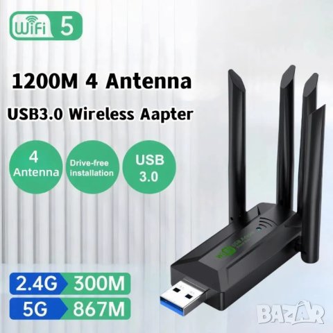 Dual Band Wireless USB WiFi  интернет адаптер с антена., снимка 4 - Мрежови адаптери - 19855327