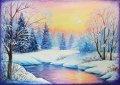 Снежен пейзаж със залез | Арт картина за стена, снимка 1 - Картини - 43585317