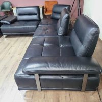 Черен кожен ъглов диван и фотьойл Artemis с електрически облегалки, снимка 4 - Дивани и мека мебел - 43552710