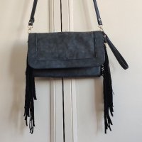 Черна дамска чанта с ресни, снимка 2 - Чанти - 28042278