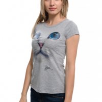 Нова дамска сива тениска с 3D принт Котка със сини очи, снимка 6 - Тениски - 29126621