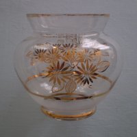 Винтидж стара ръчно изработена стъклена ваза златни цветя прозрачна, снимка 1 - Други ценни предмети - 40040323