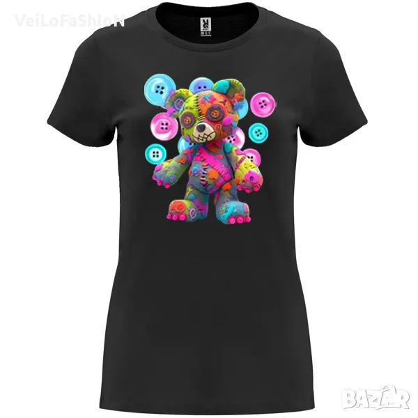Нова дамска тениска с цветно Мече в черен цвят, снимка 1