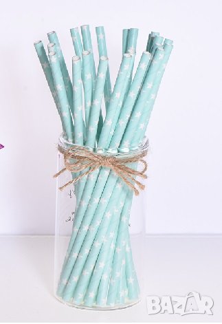 25 бр картонени сламки сини  на бели звезди парти украса декорация рожден ден, снимка 1