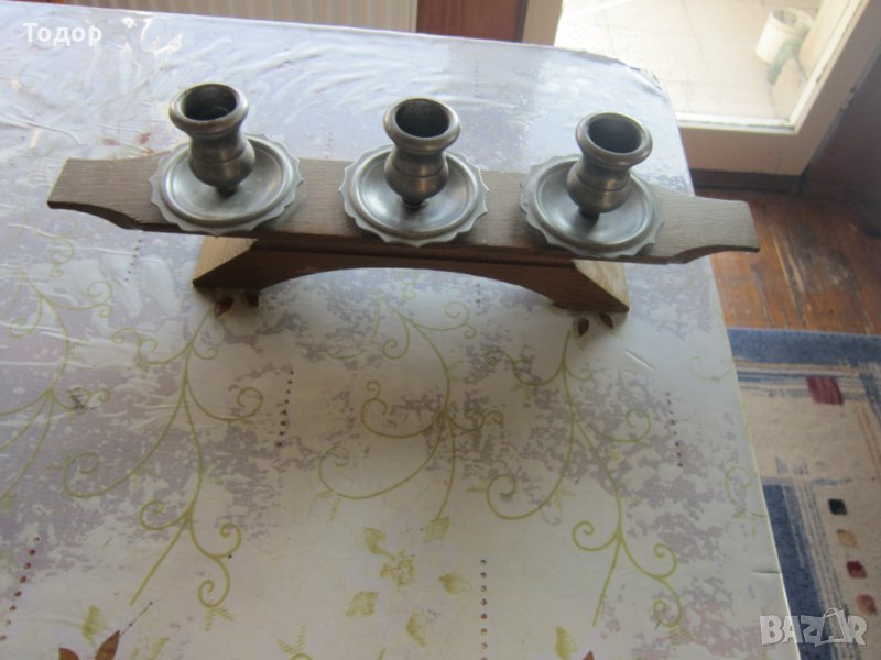 Страхотен свещник дърво и калай, снимка 1