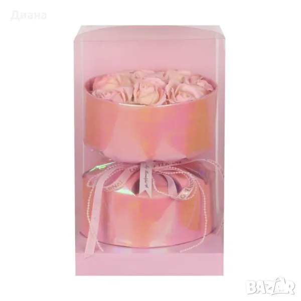 Букет от вечни цветя в розов цвят в подаръчна кутия с декорация, снимка 1