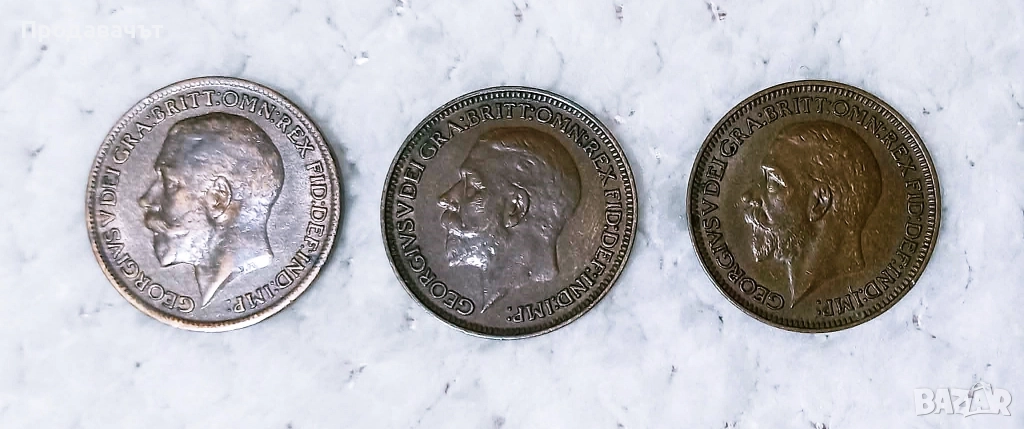 Три броя фартинг на крал Джордж V, 1918-1936 г., снимка 1