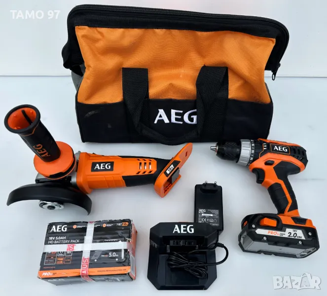 Нов комплетк от ъглошлайф AEG BEWS 18-125X и винтоверт AEG BSB18C2, снимка 1